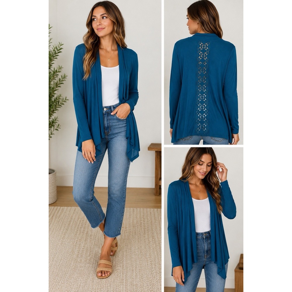 Always Indigo Teal Open Front Cardigan Lace Back Women's Medium Boho Lightweight